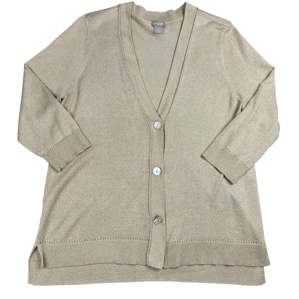Chico's Gold Metallic Knit Cardigan V-Neck Button Front 3/4 Sleeve Size 2 Large - Picture 1 of 14